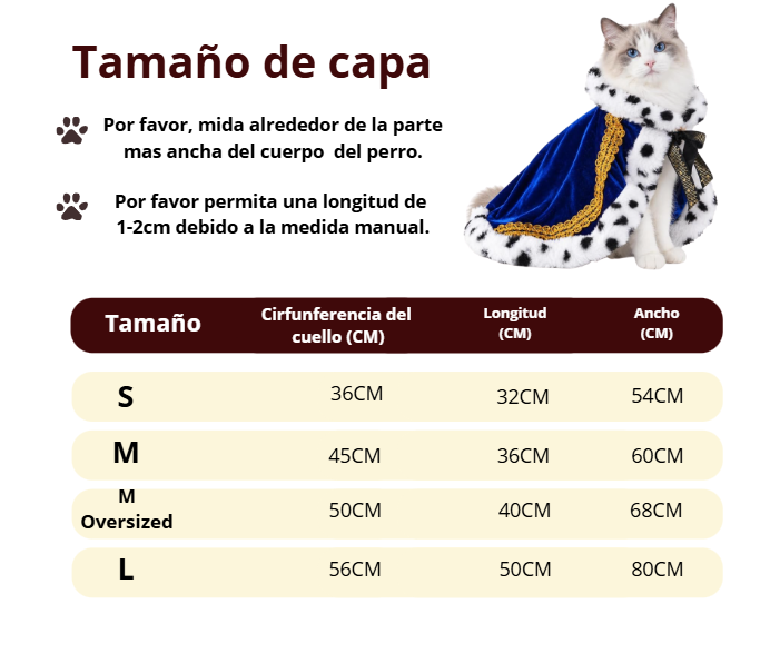 Tabla de tallas - Capa para mascotas